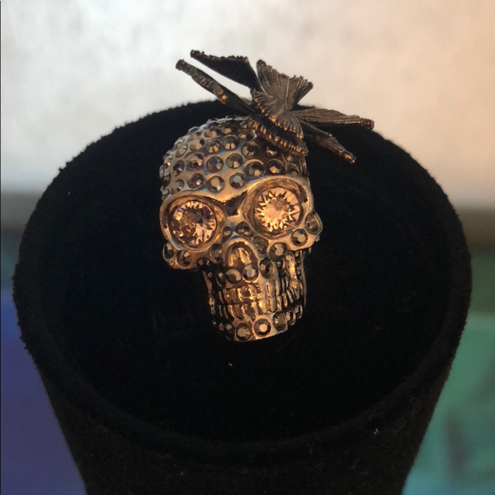 Alexander McQueen Gold Skull Ring with Butterfly